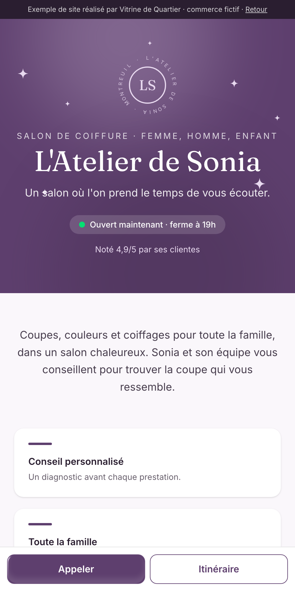 Exemple de site pour un salon de coiffure
