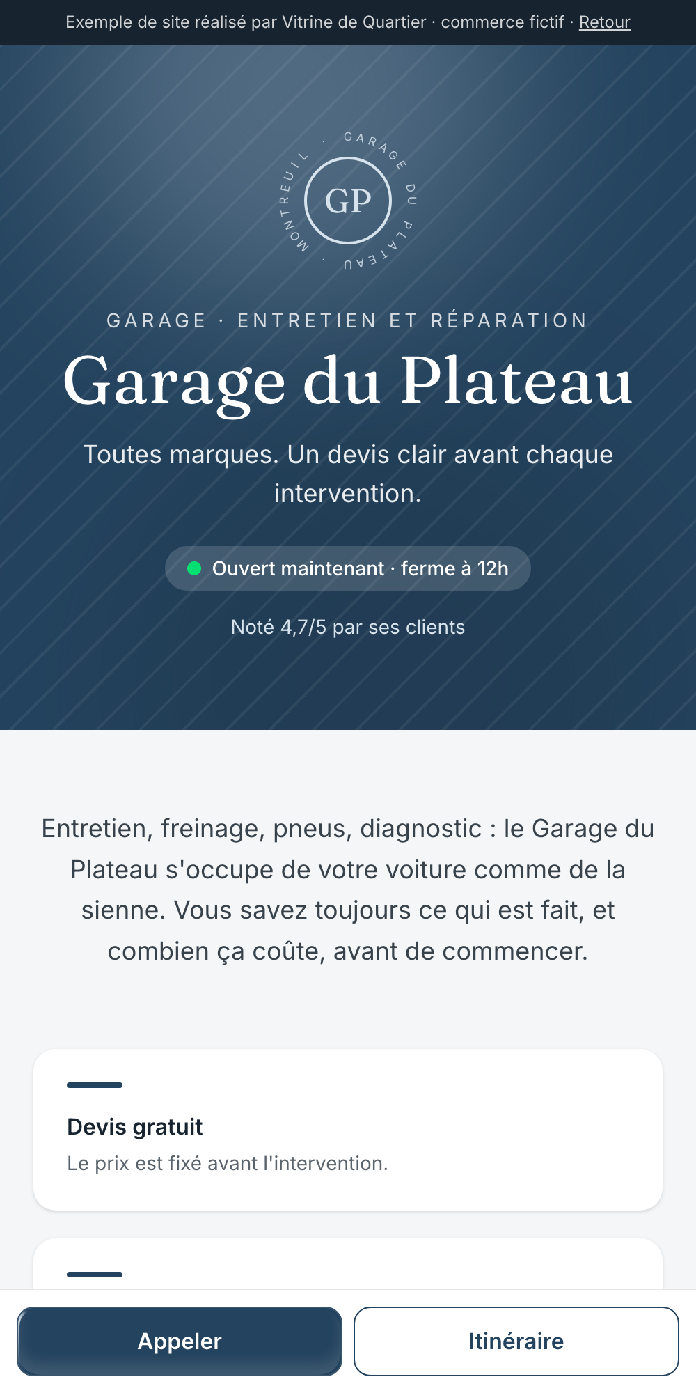 Exemple de site pour un garage